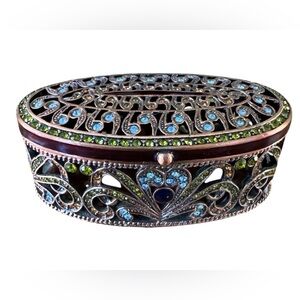 Ornate Oval Jeweled Decorative Box in Blue and Green